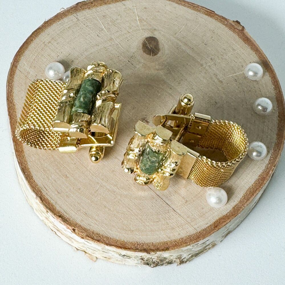 Vintage Jade Cufflinks Tie Clip Set Gold Tone Elegant Wedding Men Bamboo Asian - Picture 6 of 14